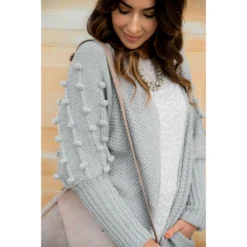 Pom Sleeve Knit Cardigan -Women's Clothing Store BB 6622