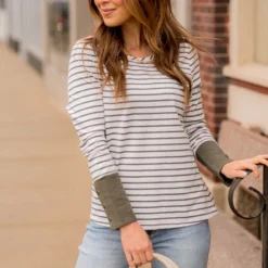 Striped Button Accent Long Sleeve