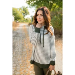 Striped Solid Trimmed Hoodie -Women's Clothing Store BB 6932
