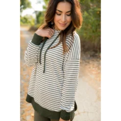 Striped Solid Trimmed Hoodie -Women's Clothing Store BB 6934