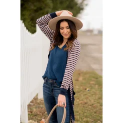 Solid Accent Striped Tunic Cardigan -Women's Clothing Store BB 6975