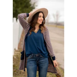 Solid Accent Striped Tunic Cardigan -Women's Clothing Store BB 6976