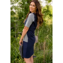 Striped Pocket T-Shirt Dress -Women's Clothing Store BB 7082