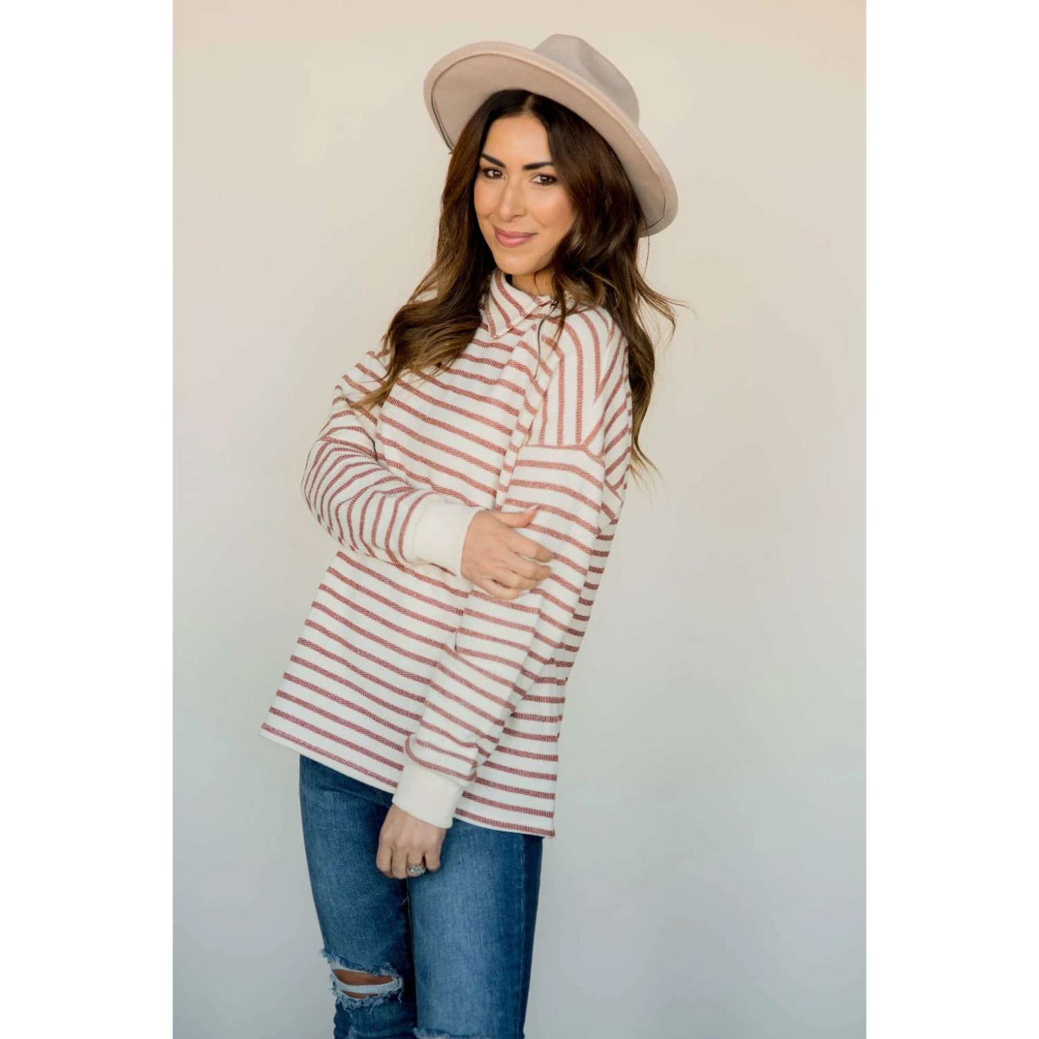 Knit Stripe Neck Zipper Sweater 2 Knit Stripe Neck Zipper Sweater - Image 2