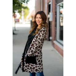 Leopard Solid Trim Tunic Cardigan 13 Leopard Solid Trim Tunic Cardigan -Women's Clothing Store BB 7377