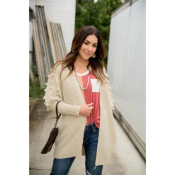 Pom Sleeve Knit Cardigan -Women's Clothing Store BB 7465