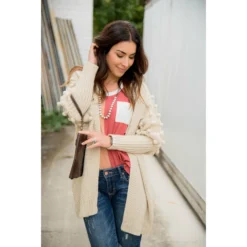 Pom Sleeve Knit Cardigan -Women's Clothing Store BB 7470