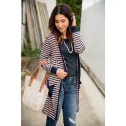 Solid Accent Striped Tunic Cardigan -Women's Clothing Store BB 7535