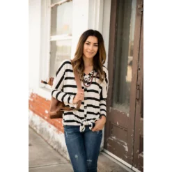 Black Striped Tie Front Sweater Tee 6 Black Striped Tie Front Sweater Tee -Women's Clothing Store BB 7659