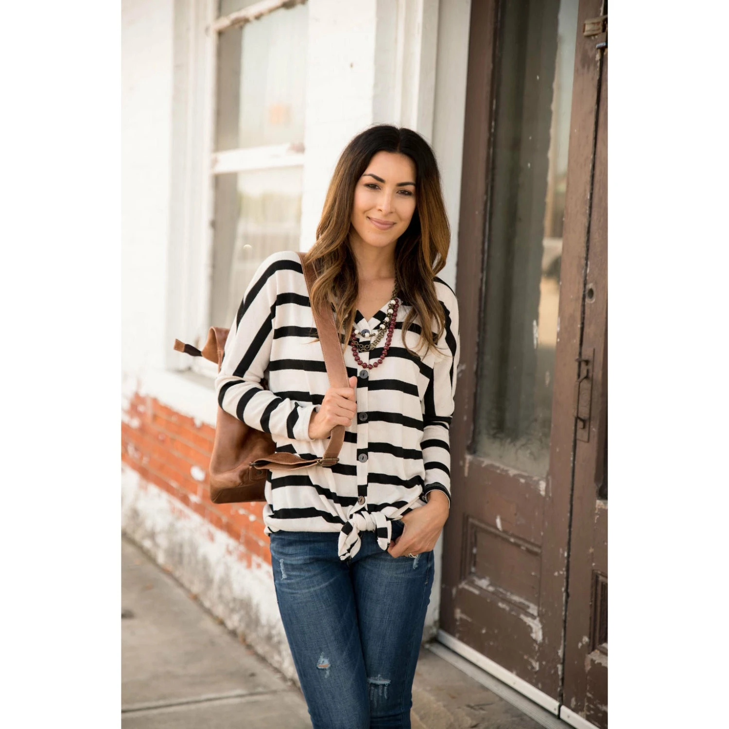 Black Striped Tie Front Sweater Tee 3 Black Striped Tie Front Sweater Tee - Image 3