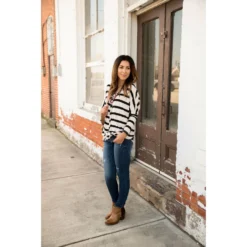 Black Striped Tie Front Sweater Tee 7 Black Striped Tie Front Sweater Tee -Women's Clothing Store BB 7663