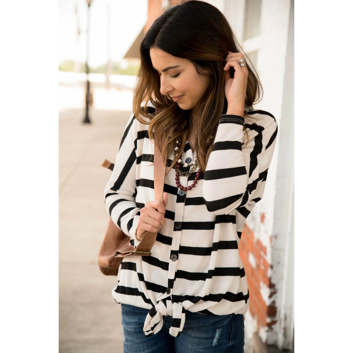 Black Striped Tie Front Sweater Tee 1 Black Striped Tie Front Sweater Tee
