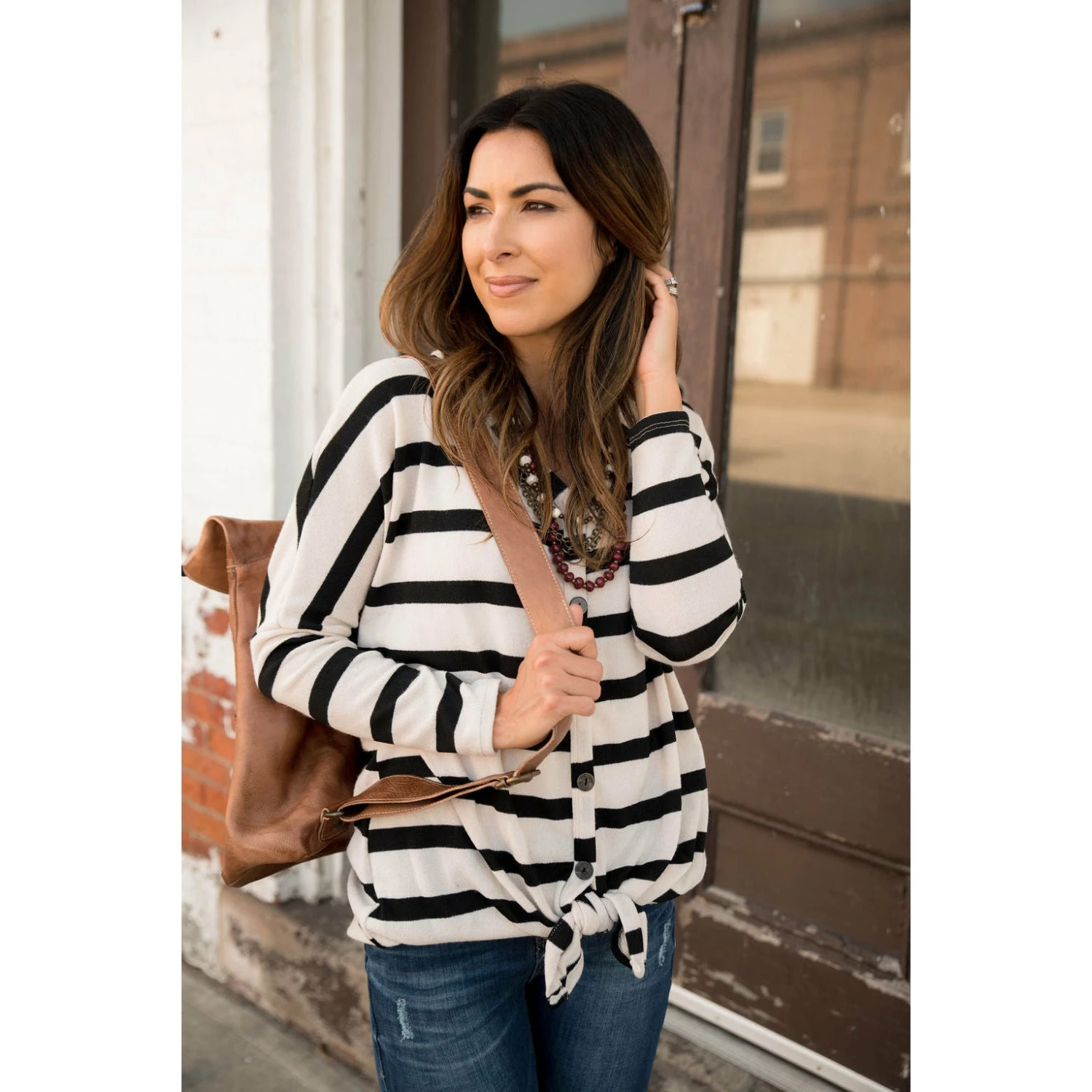 Black Striped Tie Front Sweater Tee 2 Black Striped Tie Front Sweater Tee - Image 2