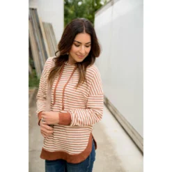 Striped Solid Trimmed Hoodie -Women's Clothing Store BB 7911
