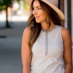 Ribbed Striped Button Accent Tank