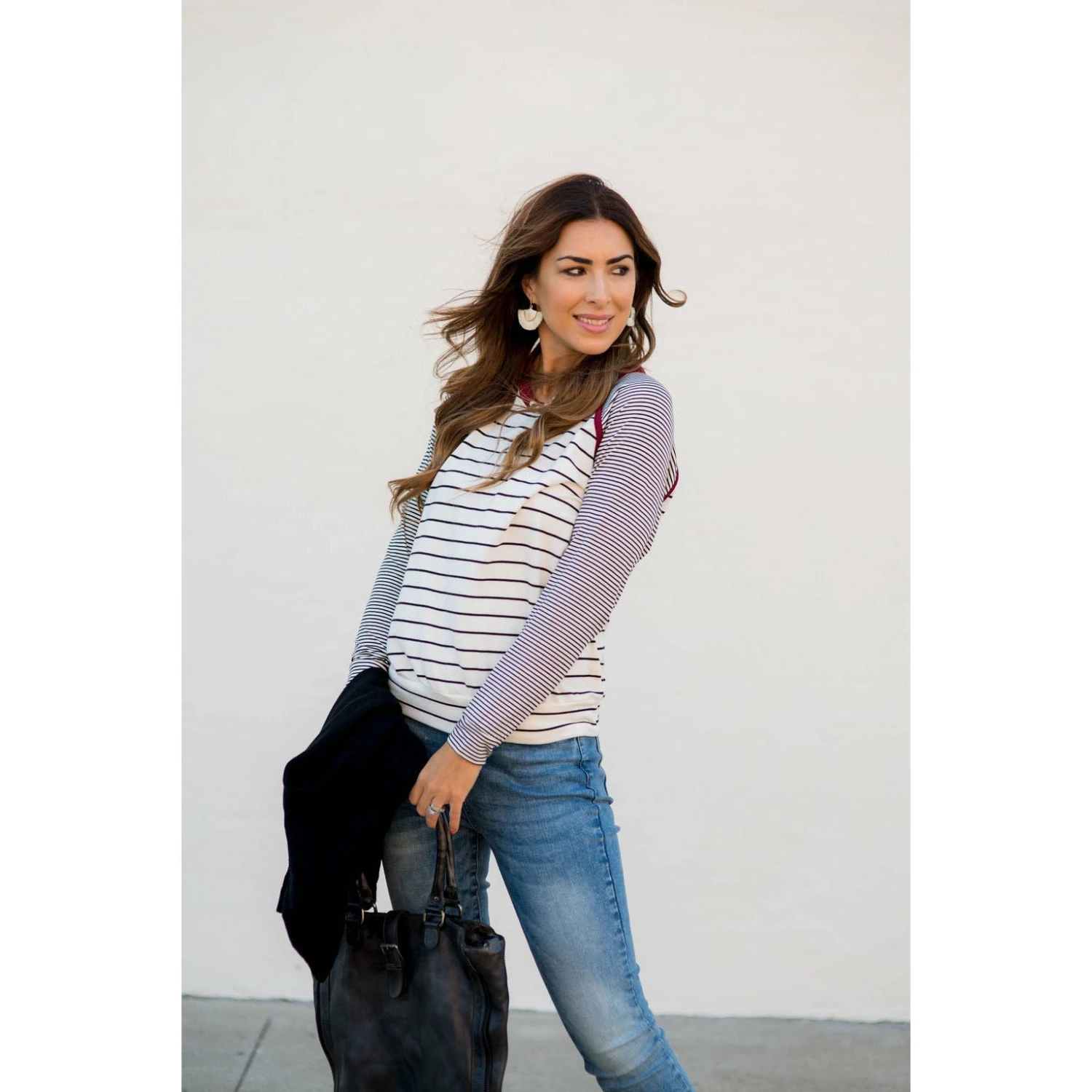 Multi Striped Solid Neck Long Sleeve Tee 9 Multi Striped Solid Neck Long Sleeve Tee - Image 9