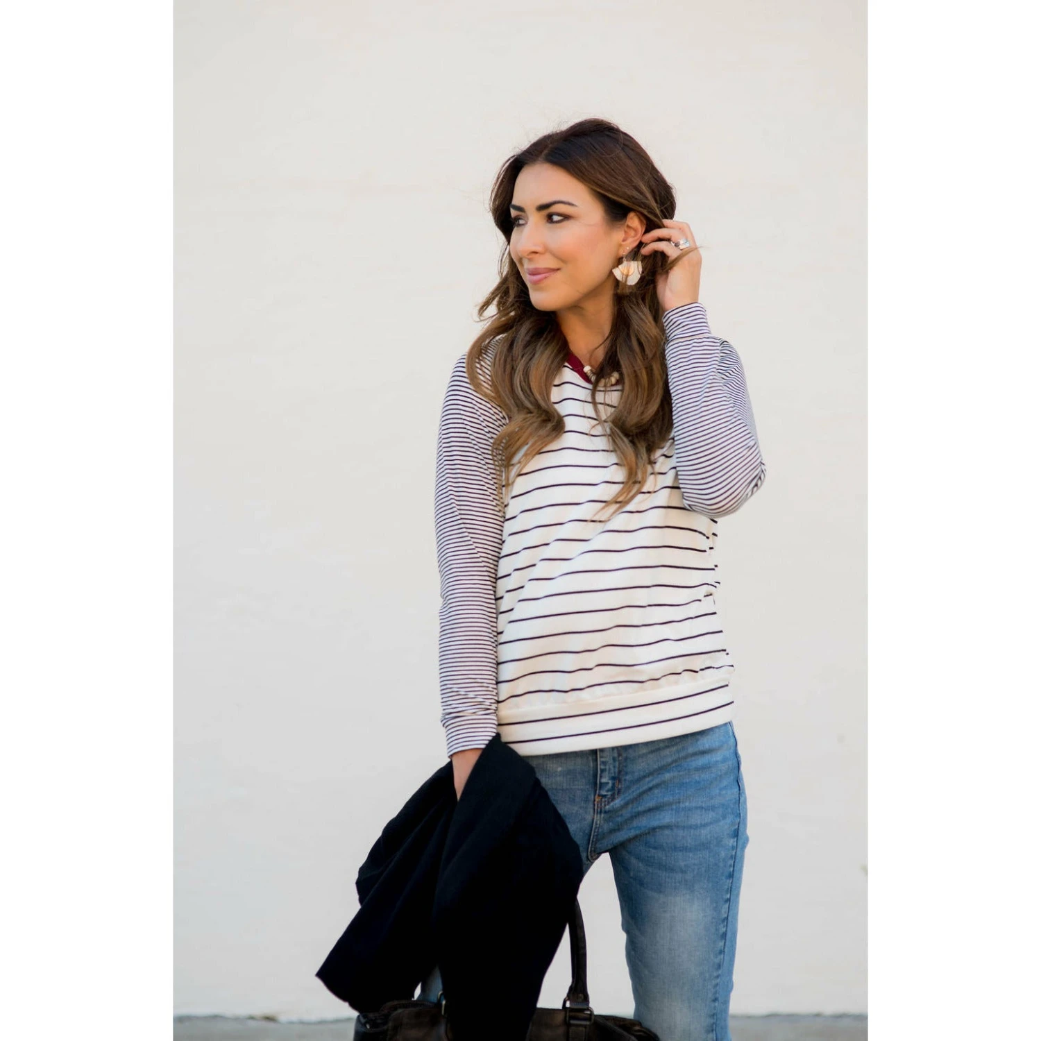 Multi Striped Solid Neck Long Sleeve Tee 10 Multi Striped Solid Neck Long Sleeve Tee - Image 10