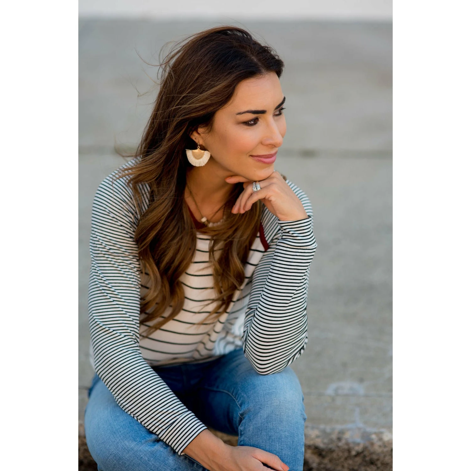 Multi Striped Solid Neck Long Sleeve Tee 11 Multi Striped Solid Neck Long Sleeve Tee - Image 11