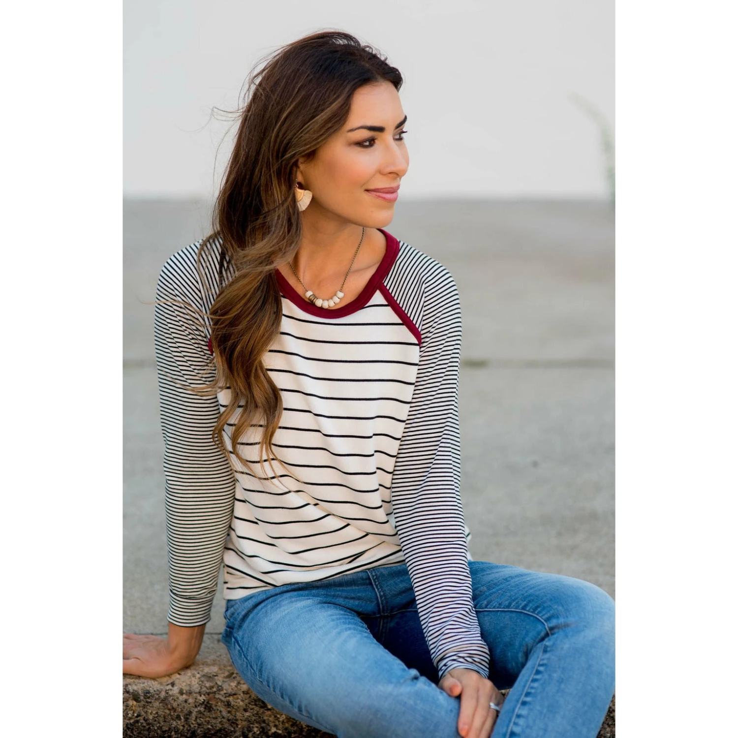 Multi Striped Solid Neck Long Sleeve Tee 12 Multi Striped Solid Neck Long Sleeve Tee - Image 12
