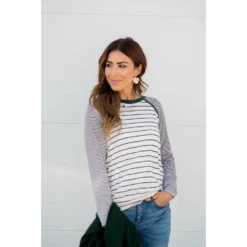 Multi Striped Solid Neck Long Sleeve Tee 32 Multi Striped Solid Neck Long Sleeve Tee -Women's Clothing Store BB 8251