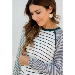 Multi Striped Solid Neck Long Sleeve Tee 34 Multi Striped Solid Neck Long Sleeve Tee -Women's Clothing Store BB 8256