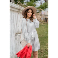Stripe Tie Waist Pocket Sweatshirt Dress -Women's Clothing Store BB 8362