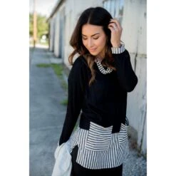 Texture Stripe Trimmed Blouse -Women's Clothing Store BB 8368