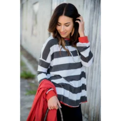 Wide Striped Two Color Sweatshirt -Women's Clothing Store BB 8521
