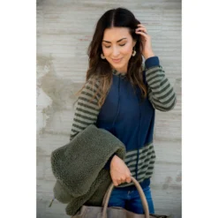 Striped Two Tone Sleeve/Pocket Hoodie -Women's Clothing Store BB 8536