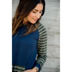 Striped Two Tone Sleeve/Pocket Hoodie -Women's Clothing Store BB 8542