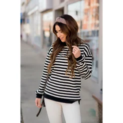 Stripe Solid Trimmed Sweatshirt -Women's Clothing Store BB 8554 a6341201 38a1 4a41 8deb 6eb30f5686a8