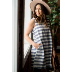 Horizontal Stripe Sleeveless Dress - Navy