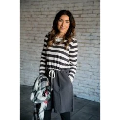 Striped Top Solid Bottom Long Sleeve Tie Dress -Women's Clothing Store BB 8649 00548433 f9ba 4022 97e3 1fb459ec2214