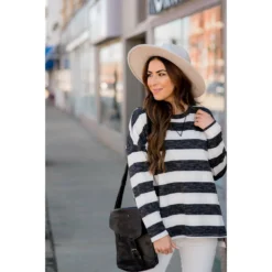 Striped V Stitched Sweatshirt -Women's Clothing Store BB 8720 40d81bf1 ea9b 4978 95e7 f421b8117dbe