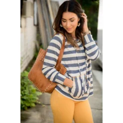 Mustard Accent Striped Hoodie -Women's Clothing Store BB 8757