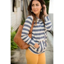 Mustard Accent Striped Hoodie -Women's Clothing Store BB 8762