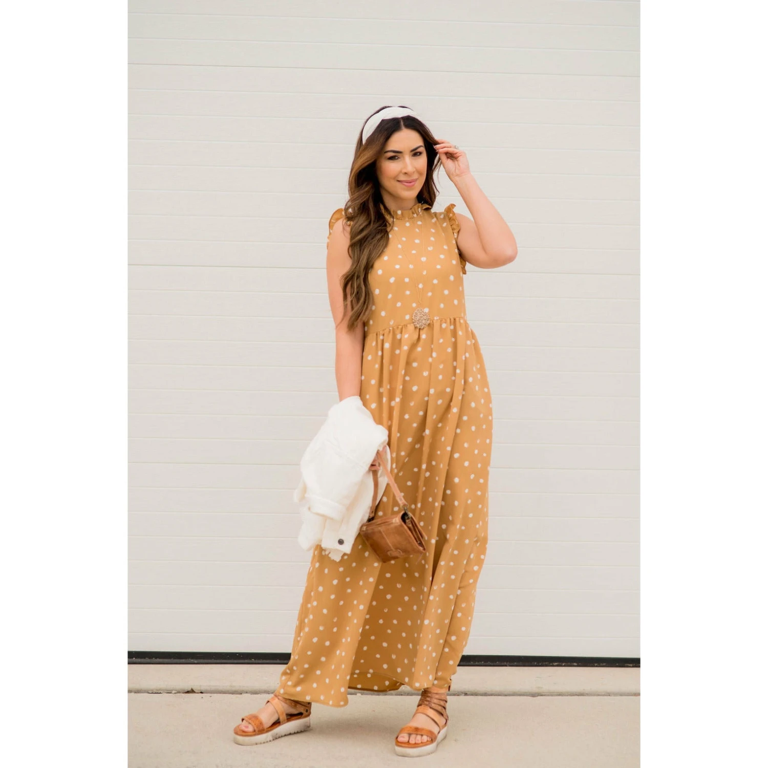 Brushed Dot Ruffle Trim Maxi Dress 1 Brushed Dot Ruffle Trim Maxi Dress