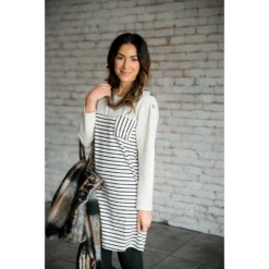 Solid Top Striped Body Button Accent Tunic