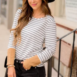 Striped Button Accent Long Sleeve -Women's Clothing Store BB 8835 bf1d7a24 4441 46af bf6f bd6aacd739a7 142695