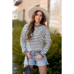 Stripe Solid Trimmed Sweatshirt -Women's Clothing Store BB 8907 e62a0dc2 0bd9 4de1 9fb1 6031677ec794