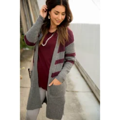 Striped Accent Knit Tunic Cardigan -Women's Clothing Store BB 8916 cdb4a01a 9a15 4a05 b35e 39c0e085ac5a
