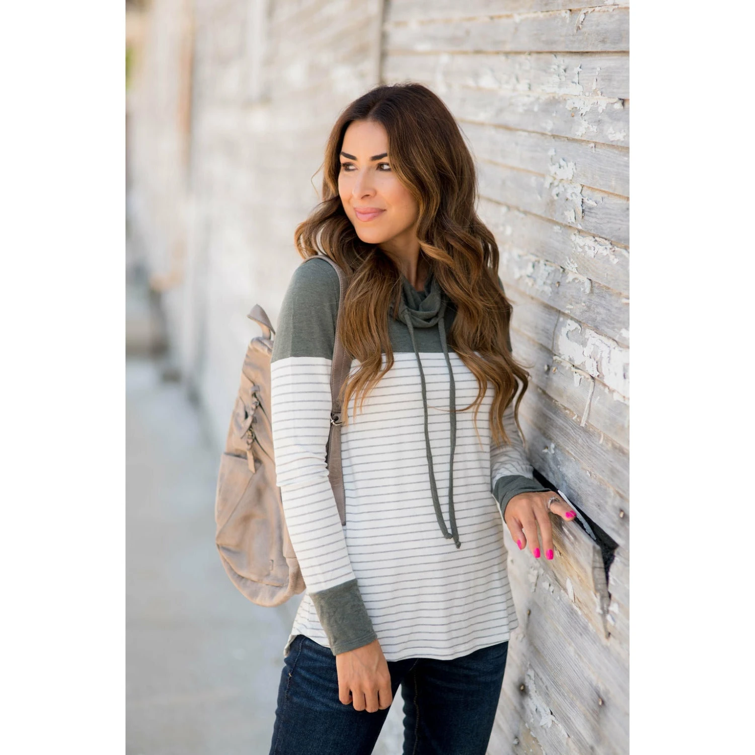 Solid Shoulder Striped Cowl Neck Sweatshirt 9 Solid Shoulder Striped Cowl Neck Sweatshirt - Image 9