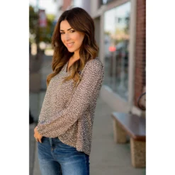 Sketched Leopard Spotted V-Neck Blouse -Women's Clothing Store BB 9014 cb74325c 51e6 46ce a32e bea3518d7664