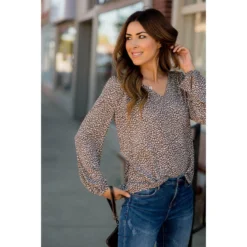 Sketched Leopard Spotted V-Neck Blouse -Women's Clothing Store BB 9024