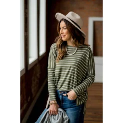 Striped Side Slit Long Tee -Women's Clothing Store BB 9122 9d8d9770 58bc 43b1 8f1a 052c5426f55e