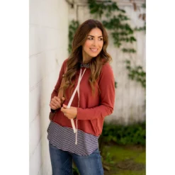 Faux Layered Stripe Lined Hoodie -Women's Clothing Store BB 9148 d3882577 0153 4c1f 9c04 a9802f00ab41