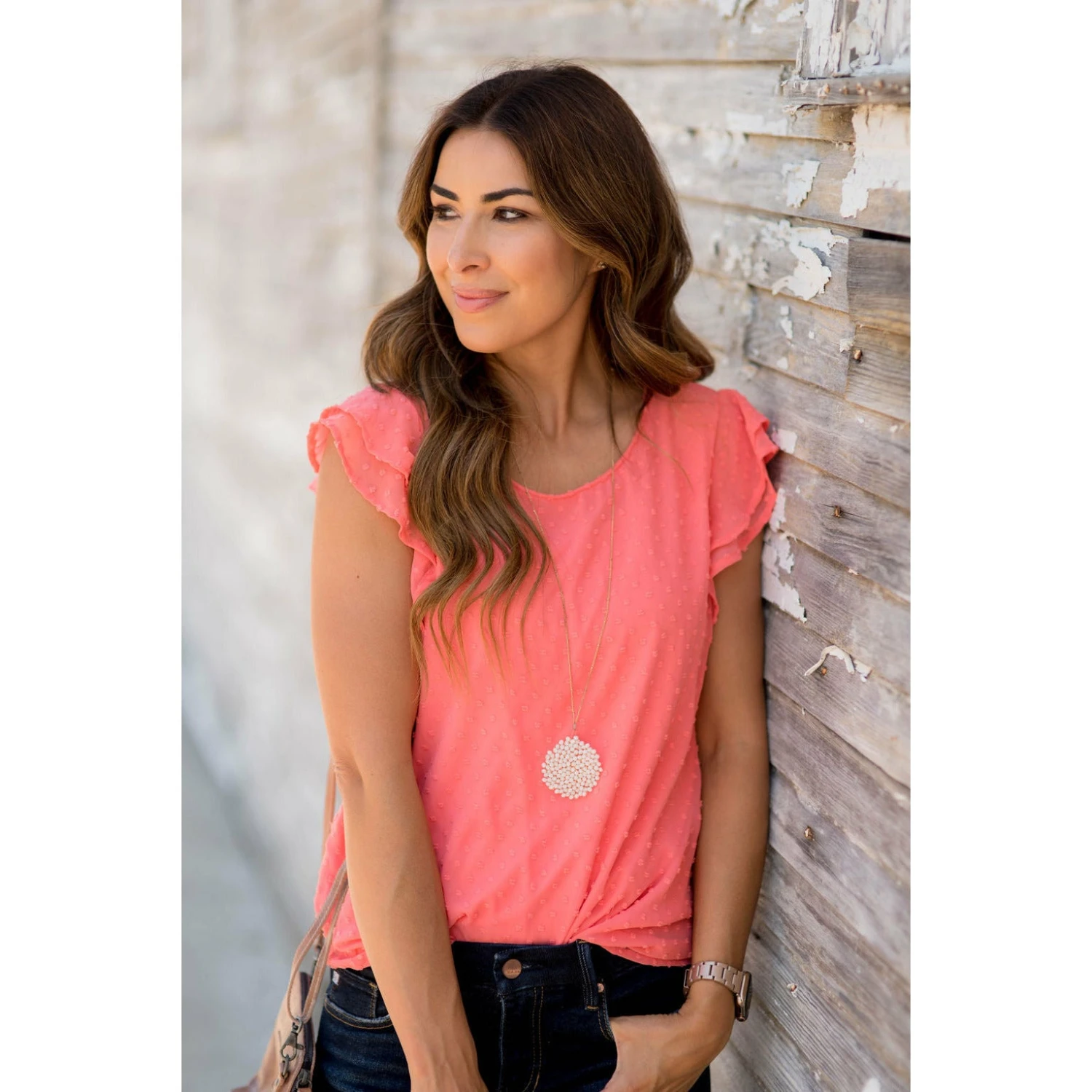 Textured Dot Short Flutter Sleeve Blouse 2 Textured Dot Short Flutter Sleeve Blouse - Image 2