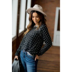 Solid Trimmed Long Sleeve Polka Dot Tee -Women's Clothing Store BB 9258 b7faed1b 62e7 4eda b1b1 341b4a8a1bae