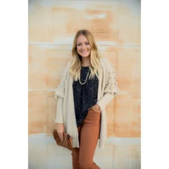 Pom Sleeve Knit Cardigan -Women's Clothing Store BB 9406