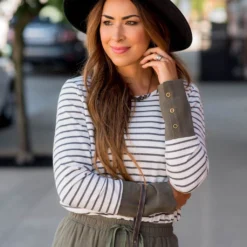 Striped Button Accent Long Sleeve -Women's Clothing Store BB 9409 d7827328 5b40 49c9 9047 122279b46b58 252704